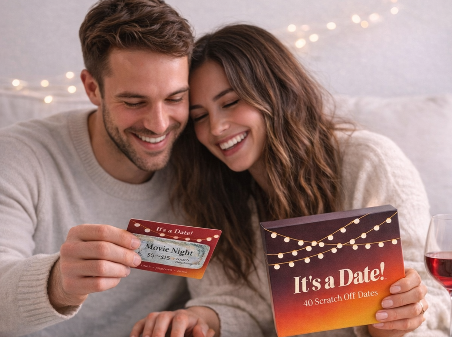 Couple smiling while scratching a date night card from the It’s a Date scratch-off card set