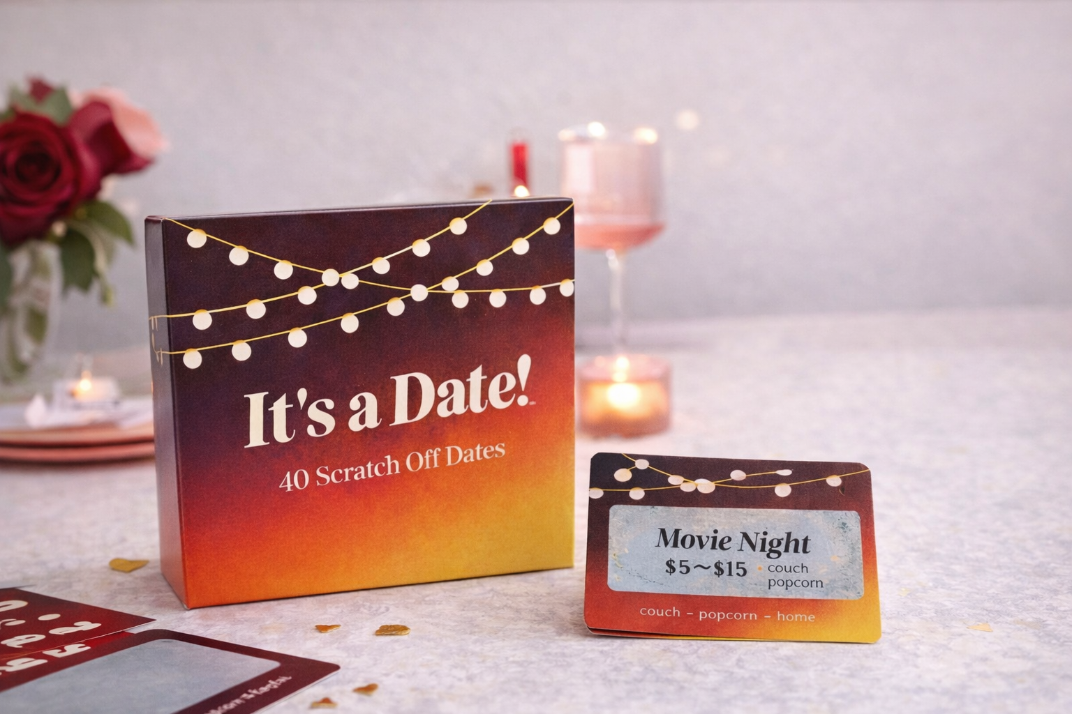Contents of the It’s a Date scratch-off date night cards set including box and date cards